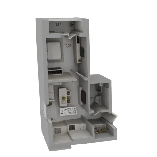 3D model of a modern studio apartment layout, showing a bed, kitchen counter, and living area.