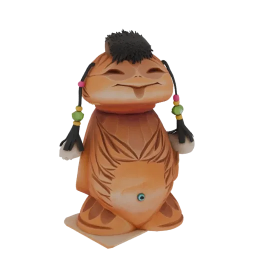 3D model of a cute, orange, stylized creature with tribal markings and beaded hair, standing on a light-colored base.