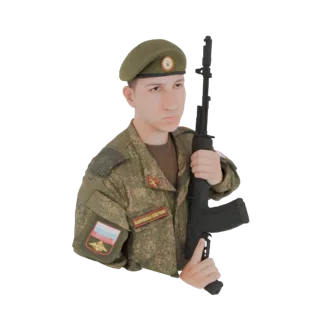 3D model of a Russian soldier wearing a green beret and camouflage uniform, holding an AK-47 rifle.