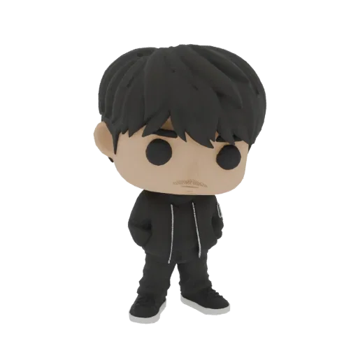 3D model of a stylized character in a black hoodie, inspired by Funko Pop figures, with hands in pockets.