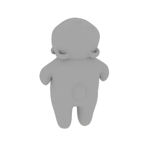 A simple, gray 3D model of a cute blob character with rounded features and small ear-like shapes.