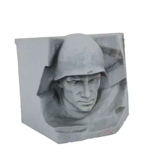 3D model of a grey bust of a Soviet soldier wearing a helmet with a star emblem, looking forward with a stoic expression.