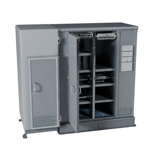 Assembly Control Cabinet High Poly 3D model, close-up studio render, showing painted steel, machine stations.