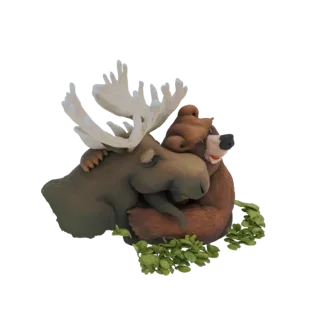 3D model of a cartoonish moose and bear hugging each other, surrounded by green leaves, with the moose's antlers prominent.
