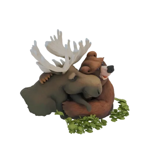 Modelo 3D de un alce y un oso caricaturescos abrazándose, rodeados de hojas verdes, con las astas del alce prominentes.