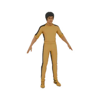 Modelo 3D de Bruce Lee vestindo seu icônico fato amarelo, em pé com os braços ligeiramente estendidos.