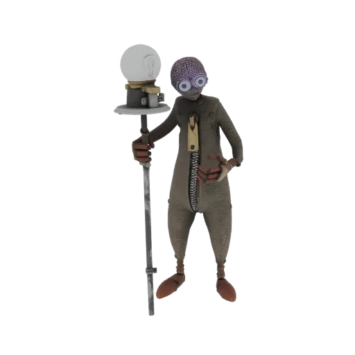 3D model of a slender alien scientist with a textured head and large eyes, wearing a grey jumpsuit with a zipper, holding a s