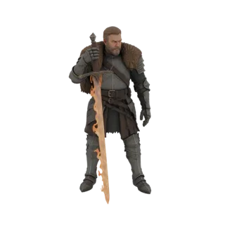 3D-Modell eines Ritters in voller Rüstung mit einem Großschwert mit flammender Klinge, vor weißem Hintergrund.