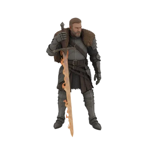 Modèle 3D d'un chevalier en armure complète tenant une épée large avec une lame enflammée, sur fond blanc.