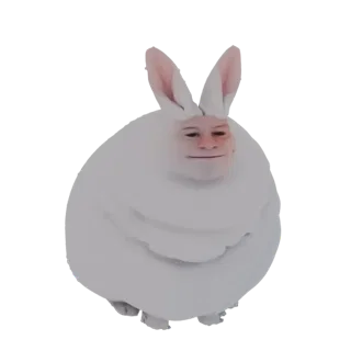 3D model of a round, white bunny creature with large ears and a human face, standing on small feet.