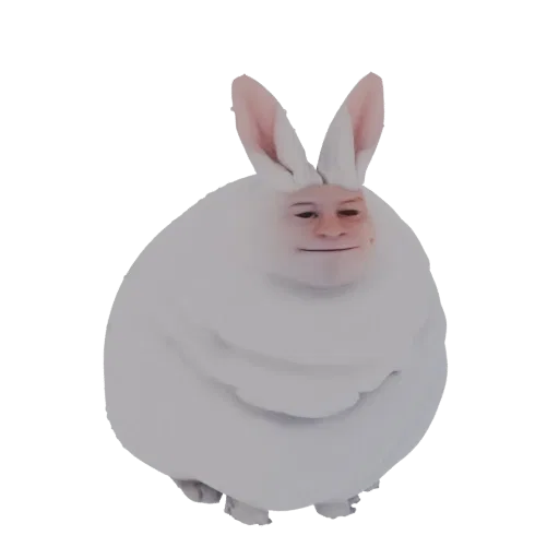 3D model of a round, white bunny creature with large ears and a human face, standing on small feet.