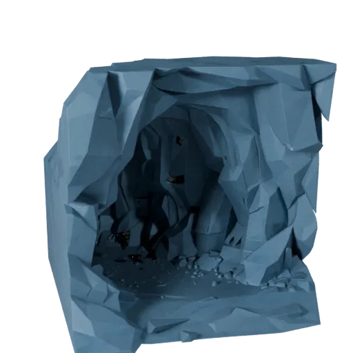 Ice Cave Passage Low Poly 3D model, game viewport three-quarter view, showing aged stone, snow banks.