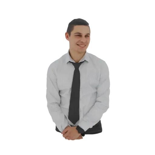 3D model render of a young man smiling, wearing a white dress shirt and a dark tie, with hands clasped in front.