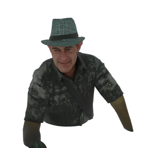 Modelo 3D de um homem usando chapéu fedora estampado e camisa camuflada escura, olhando para o espectador.