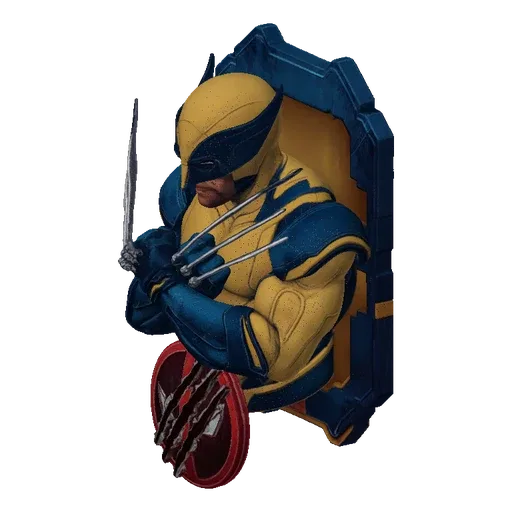 3D model render of Wolverine bust with extended claws and a Deadpool logo emblem on a white background.