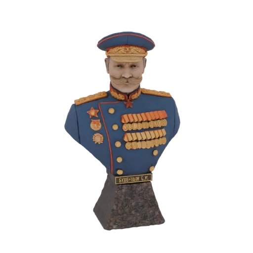3D model bust of Marshal Semyon Budyonny in military uniform with medals, on a granite-like base.