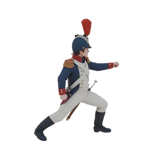 3D model of a French line infantryman 1812 in a blue uniform and white trousers, in a dynamic pose.