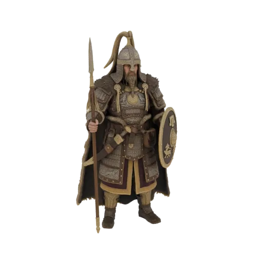 3D model of an ancient warrior wearing detailed armor, holding a spear and shield, with a fur-lined cape.