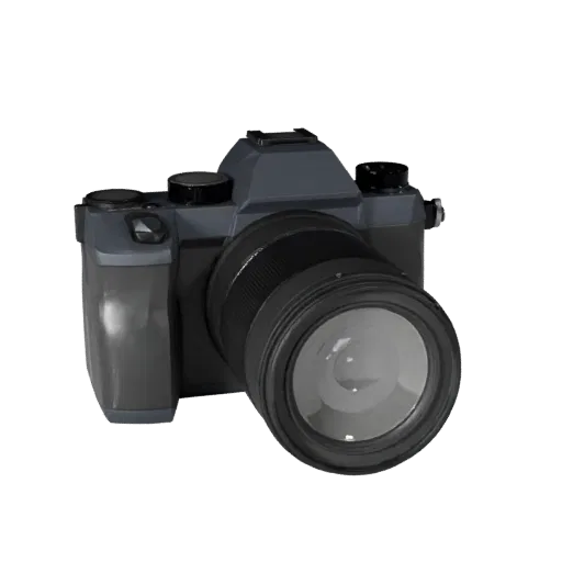 Mirrorless Video Camera Low Poly 3D model, game viewport three-quarter view, showing textured grips, lens barrels.