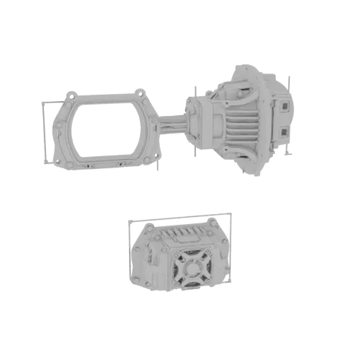 3D model render of a complex sci-fi industrial gearbox assembly with a large housing and a finned component, viewed from two