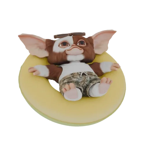 Modèle 3D de Gizmo des Gremlins se prélassant sur une bouée gonflable jaune, portant des lunettes de soleil et un short.