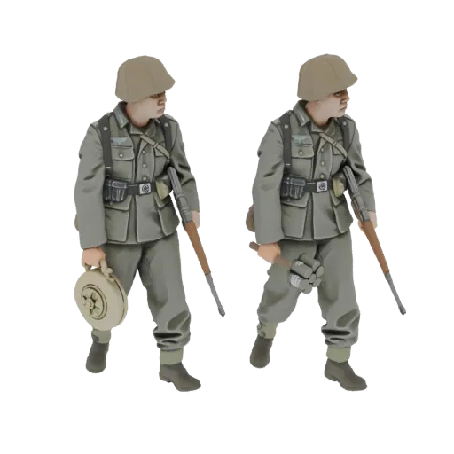 3D model of two German soldiers in WWII uniforms, one holding a circular grenade, the other holding stick grenades, with rifl