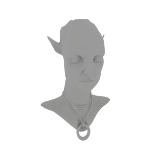 3D model of an Avatar-inspired elf bust with pointed ears and a pendant necklace, rendered in a neutral gray.