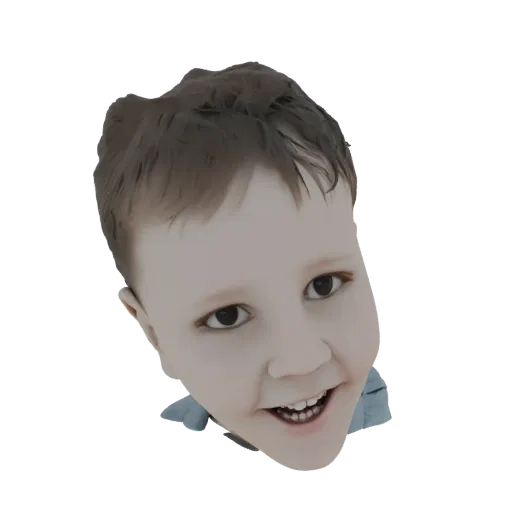 3D model of a young boy's head with a wide smile and tousled brown hair, looking directly at the viewer.