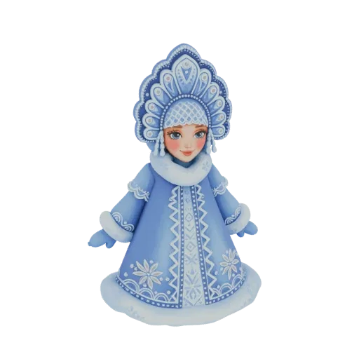 3D model of a Snow Maiden figurine wearing a blue winter dress and a decorative kokoshnik headdress, with intricate white pat