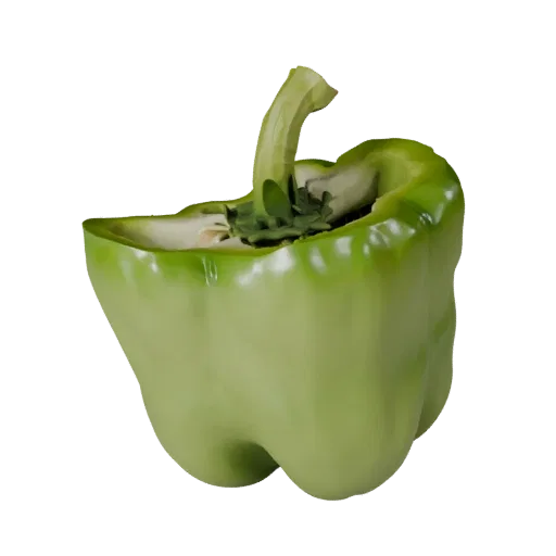 Chopped Bell Pepper 3D model, three-quarter front view, Unity viewport, showing leaf veins, clear vegetable silhouettes.
