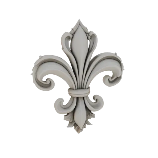 A detailed 3D model of a white, ornate Fleur-de-lis emblem against a white background.