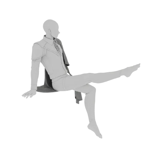 3D model of an elegant man sitting with one leg extended, rendered in a monochromatic style.