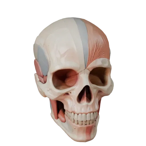 Modello 3D Kit Anatomia Testa, rendering isometrico stilizzato, con colori educativi neutri, dettaglio forma.