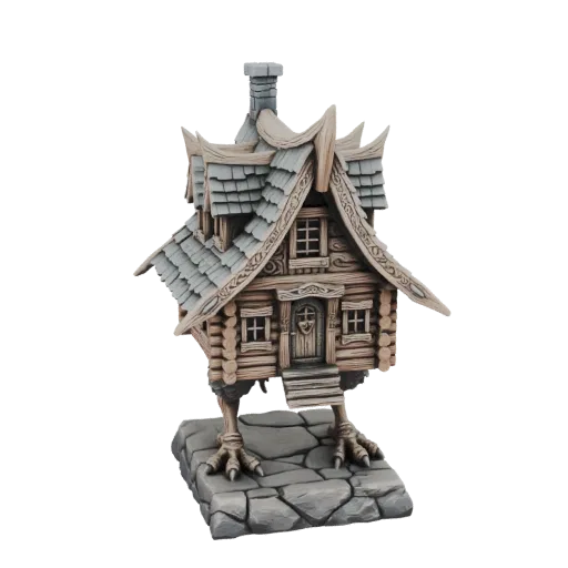 3D model of Baba Yaga's hut on chicken legs, a rustic log cabin with a shingled roof and clawed bird legs, standing on a ston