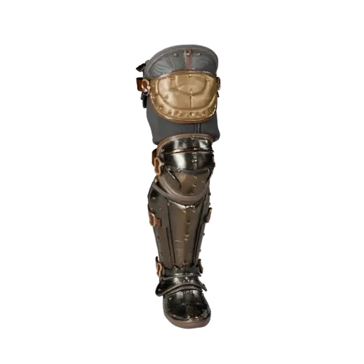 Tactical Shin Guard 3D model, three-quarter front view, Unreal Engine viewport, showing metal plates, form detail.