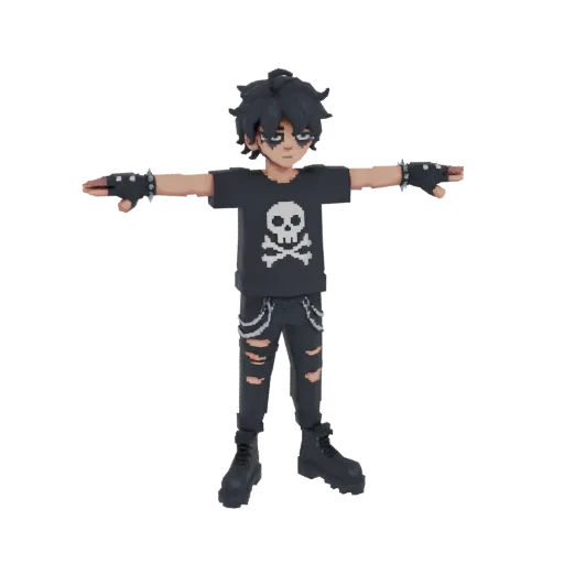 3D model of a Goth boy with black spiky hair, wearing a skull t-shirt, ripped jeans, and boots, in a T-pose.