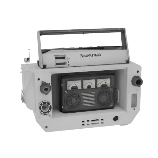 Modèle 3D de boombox rétro avec trois voltmètres analogiques, deux haut-parleurs ronds sur les côtés et une poignée, de coule