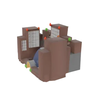 3D model of a futuristic factory complex with brown buildings, white grid windows, and orange and green accents.