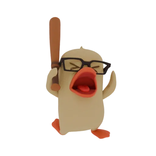 3D model of a yellow duck wearing glasses and holding a baseball bat, with its mouth open in an angry shout.