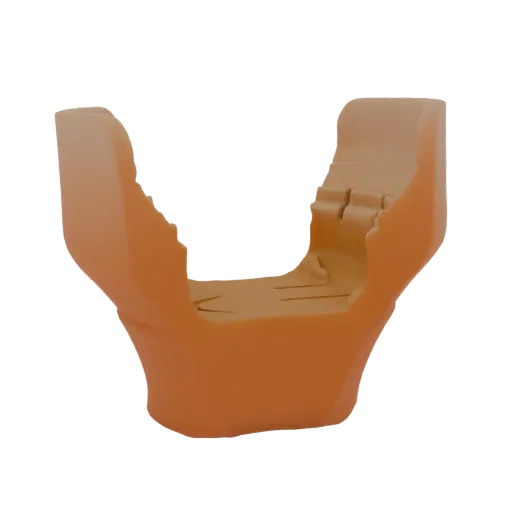 A 3D render of an abstract sculptural chair with a matte, light brown finish and flowing, organic lines.