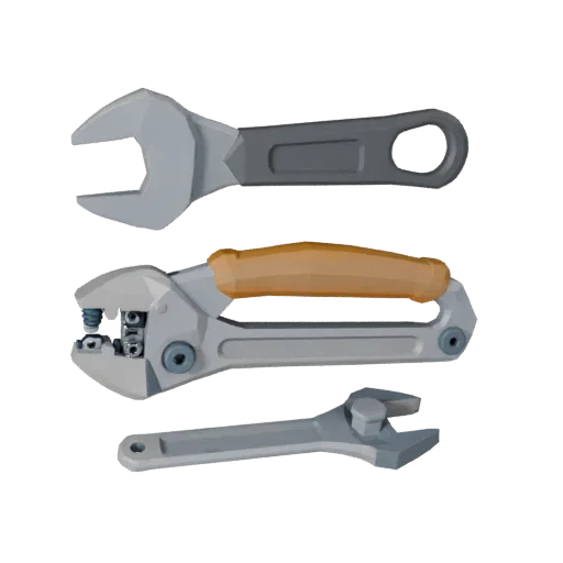 Clean Wrench Low Poly 3D model, game viewport three-quarter view, showing painted metal, functional silhouettes.