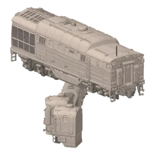 3D-Modell einer modernen Diesellokomotive und zweier separater Führerstandseinheiten, präsentiert auf einer reflektierenden O