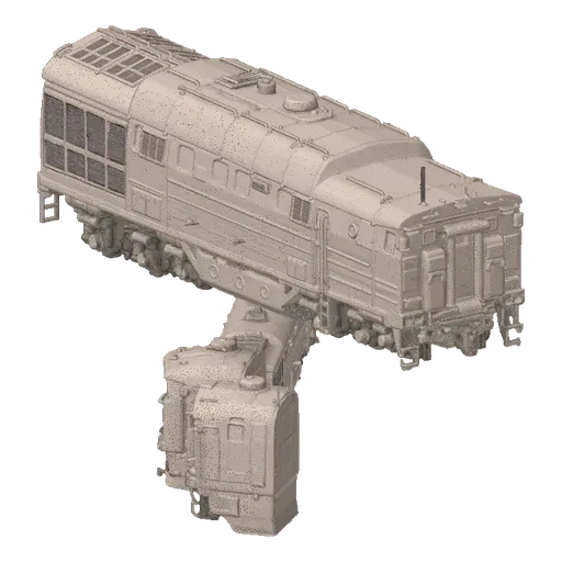 3D model of a modern diesel locomotive and two separate cab units, displayed on a reflective surface against a black backgrou