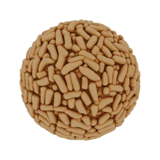 Render 3D di un agglomerato sferico di particelle virali marroni a forma di bastoncello su sfondo bianco.