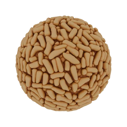 3D-Rendering einer kugelförmigen Ansammlung brauner, stäbchenförmiger Viruspartikel vor weißem Hintergrund.