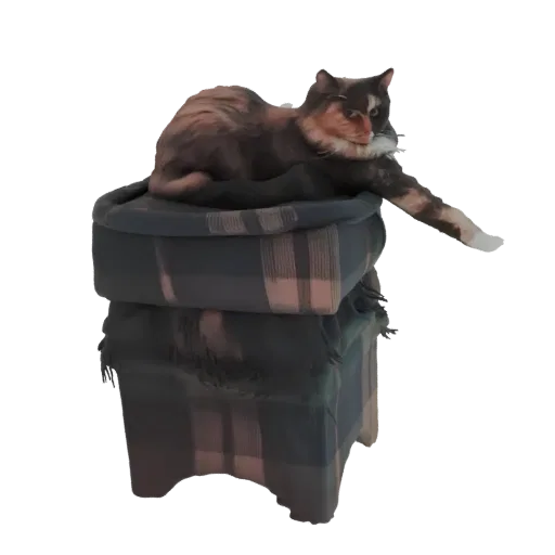3D model of a fluffy calico cat resting on a stack of blue and pink plaid blankets, with its tail extended.