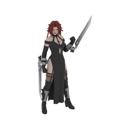 3D model of a dark sorceress with red hair, wearing a black dress and holding two swords, against a white background.