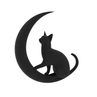 A 3D render of a black cat sitting on a black crescent moon against a white background.