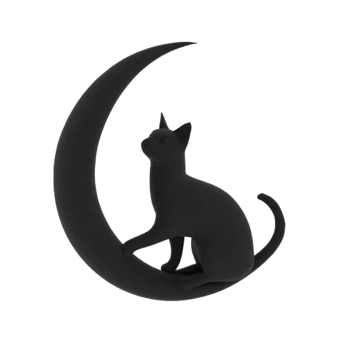 A 3D render of a black cat sitting on a black crescent moon against a white background.