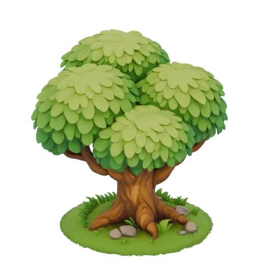 A stylized 3D model of a fantasy tree with a textured brown trunk, lush green layered foliage, and a grassy base with stones.